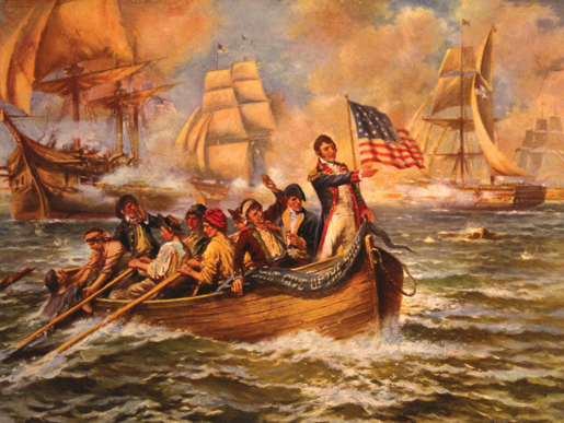 Le Commodore de la U.S. Navy, Oliver Hazard Perry, et un bateau plein de survivants de la bataille du lac Érié. [ILLUSTRATION : LIBRARY OF CONGRESS—LC-USZC4-6893]