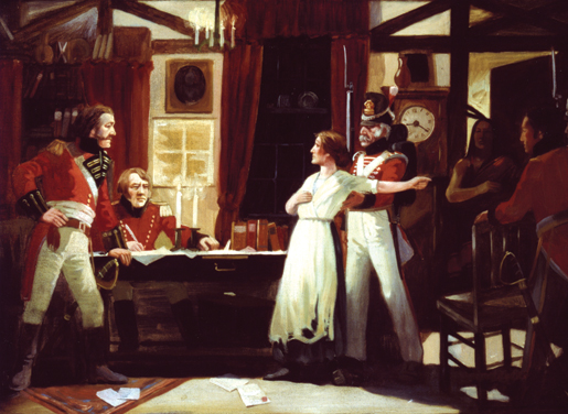 Cette peinture de Lorne K. Smith représente la réunion de juin 1813 entre Laura Secord et le lieutenant James FitzGibbon. [ILLUSTRATION : LORNE K. SMITH, BIBLIOTHÈQUE ET ARCHIVES CANADA—C-011053]