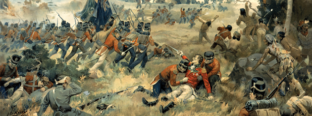 The Battle of Queenston Heights de J.D. Kelly, qui représente les combats et les derniers moments du major-général sir Isaac Brock. [ILLUSTRATION : MUSÉE CANADIEN DE LA GUERRE, COLLECTION BEAVERBROOK—19970051-001]