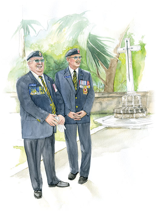Le président national, Gordon Moore, et le secrétaire national, Brad White, avant de déposer une couronne au cimetière militaire de la Barbade. [ILLUSTRATION: JENNIFER MORSE]
