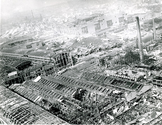 An aerial photo of destroyed buildings at Essen, Germany, in 1945. [PHOTO: IMPERIAL WAR MUSEUM—CL 2377]
