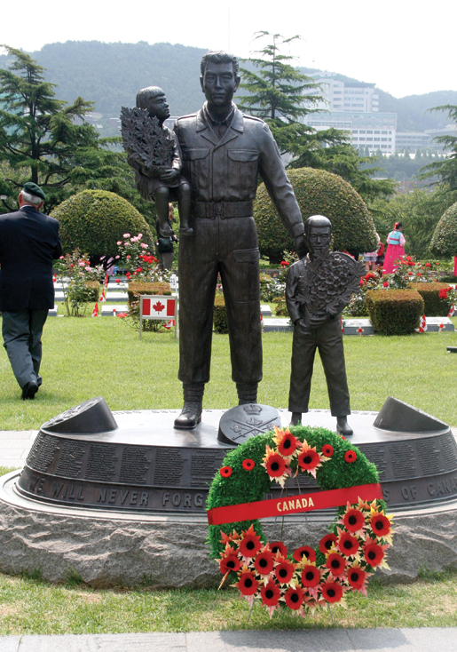 The Korean War Monument to the Canadian Fallen stands in the United Nations Memorial Cemetery in Busan. [PHOTO: TOM MACGREGOR]