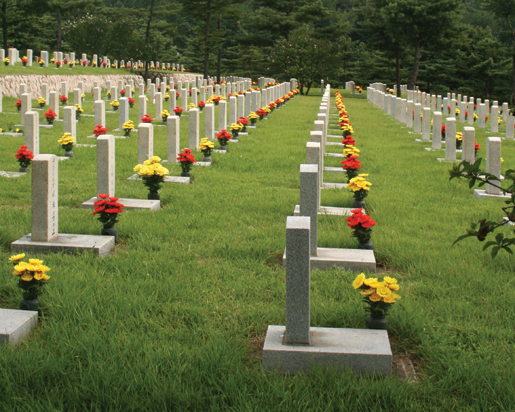 Flowers adorn graves in the Republic of Korea National Cemetery. [PHOTO: TOM MACGREGOR]