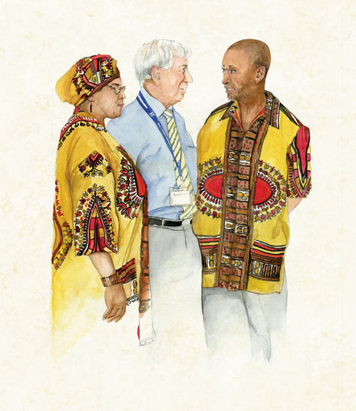 The RCEL’s Honorary Legal Adviser Brian Watkins (centre) chats with delegates Avis Nathan (left) and Samuel Nathan of St. Kitts and Nevis. [ILLUSTRATION: JENNIFER MORSE]