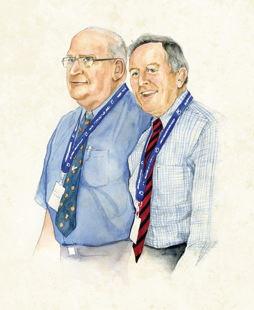 Dominion President Wilf Edmond and Dominion Secretary Duane Daly join a sing-along at the end of business sessions. [ILLUSTRATION: JENNIFER MORSE]