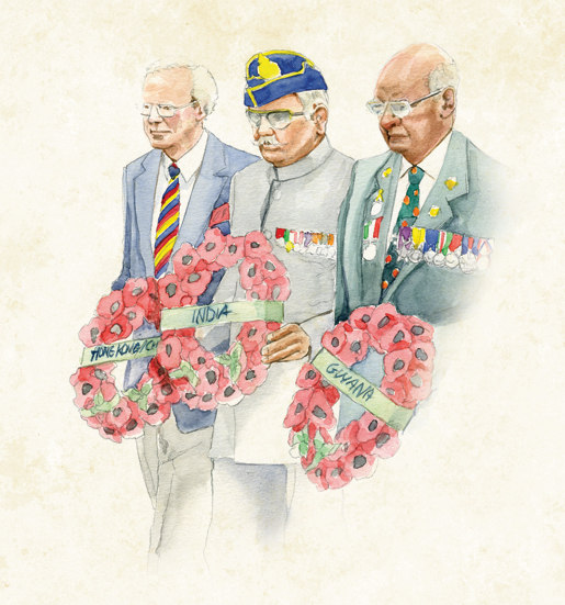 Placing wreaths are (from left) A.J. Liardet of Hong Kong, Brigadier Ram Karan Singh Gulia of India and Col. C.B.L. Morgan of Guyana. [ILLUSTRATION: JENNIFER MORSE]