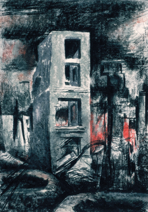 Burnt Buildings, Caen. [ILLUSTRATION: CANADIAN WAR MUSEUM–AN19710261-4441]