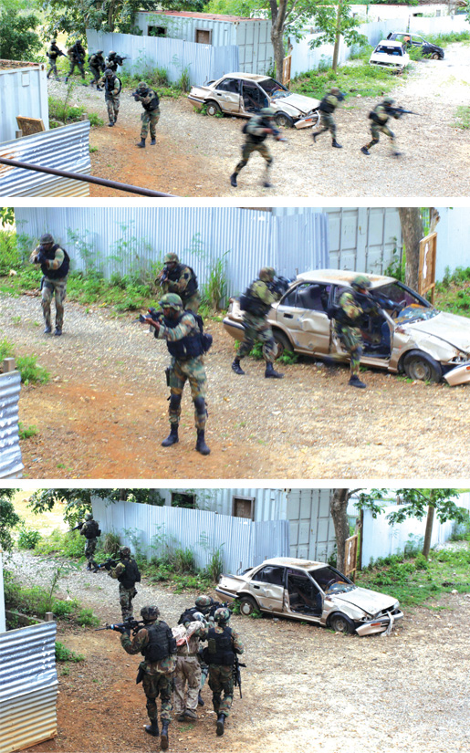 The Jamaican special operations unit moves into place (top and middle) during a staged assault on a compound where they captured a CSOR member (bottom). [PHOTO: ADAM DAY]