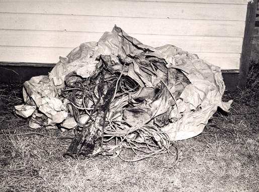 Tangled remains of a balloon found near Delburne, Alta. [PHOTO: LIBRARY AND ARCHIVES CANADA—PA203216]