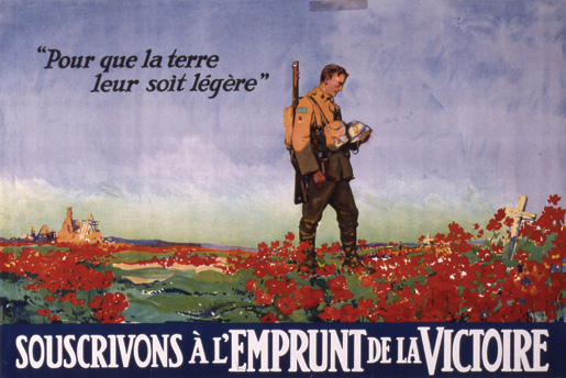 A Canadian Victory Bond poster by F.L. Nicolet features a soldier, a cross and a field of poppies. [CANADIAN WAR MUSEUM—AN19720121-300]
