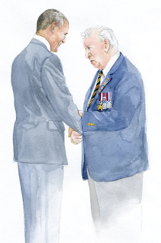 U.S. President Barack Obama chats with veteran Don Roach moments before Roach received the Légion d’honneur.  [ILLUSTRATION: JENNIFER MORSE]