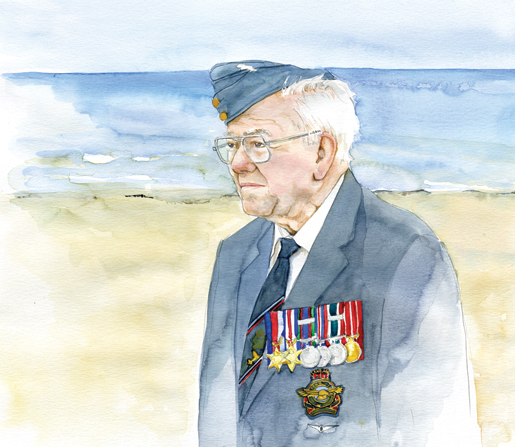 Air force veteran Leonard Wilson remembers the war while standing on Juno Beach. [ILLUSTRATION: JENNIFER MORSE]