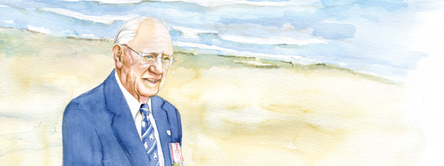 Veteran Murray Knowles pauses for a moment on Juno Beach. [ILLUSTRATION: JENNIFER MORSE]