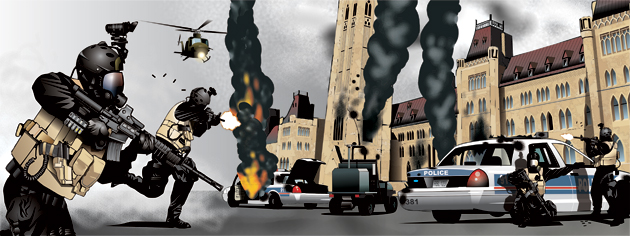 The ‘ninja spacemen’ go to work in an illustration of a radiological attack on Parliament Hill. [ILLUSTRATION: MICHAEL WYATT]
