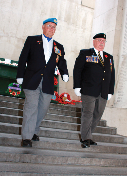Sam Newman (left) and Dominion Vice-President Gordon Moore, seconds after placing a wreath at the Menin Gate Memorial in Ypres, Belgium. [PHOTO: SHARON ADAMS]