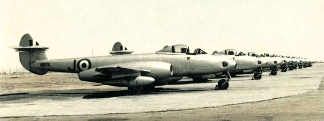 Gloster Meteor Mk VIIIs at Kabrit, Egypt, in 1952. [PHOTO: LEGION MAGAZINE ARCHIVES]