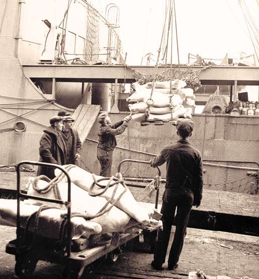 Cargo is loaded onto an unidentified  merchant ship at Halifax. [PHOTO: R. WRIGHT, LIBRARY AND ARCHIVES CANADA—PA184171]