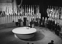 Prime Minister Mackenzie King signing the charter. [PHOTO: UN PHOTO]