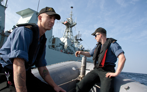 Sailors wait their turn during RHIB-sticking off HMCS Fredericton’s starboard side. [PHOTO: DAN BLACK]