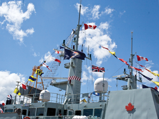 HMCS Glace Bay (2nd) is decked out in flags. [PHOTO: TOM MacGREGOR]