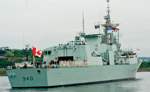 HMCS St. John’s departs with the royal party for the review. [PHOTO: TOM MacGREGOR]