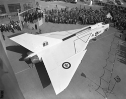 The first Avro Arrow is wheeled out of a hangar in Malton, Ont., on Oct. 4, 1957. [PHOTO: CF PHOTO]