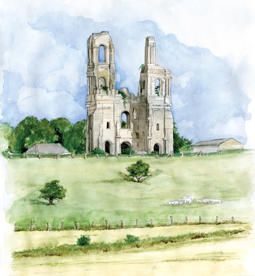 The grey and silent ruins of the abbey at Mont St. Eloi near Vimy Ridge. [ILLUSTRATION: JENNIFER MORSE]