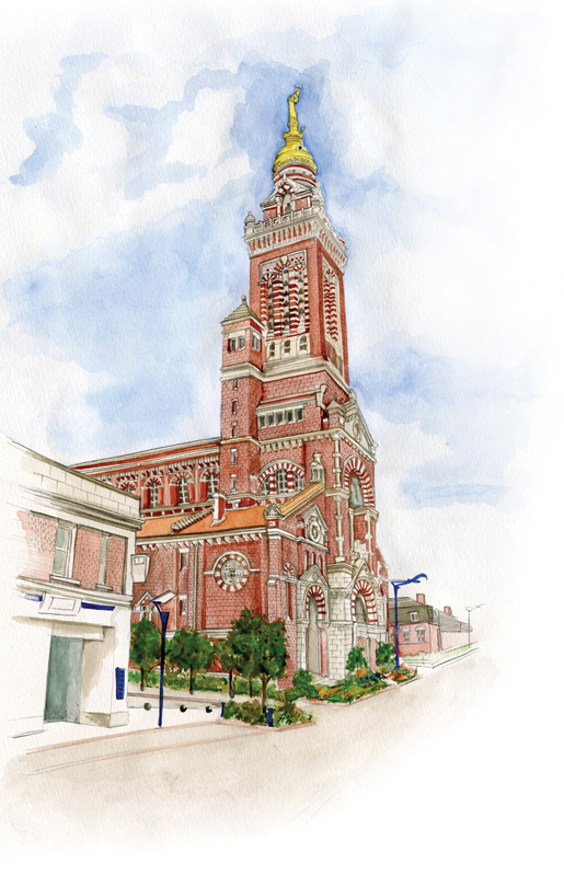 The beautifully restored basilica—with her golden statue—in Albert, France. [ILLUSTRATION: JENNIFER MORSE]