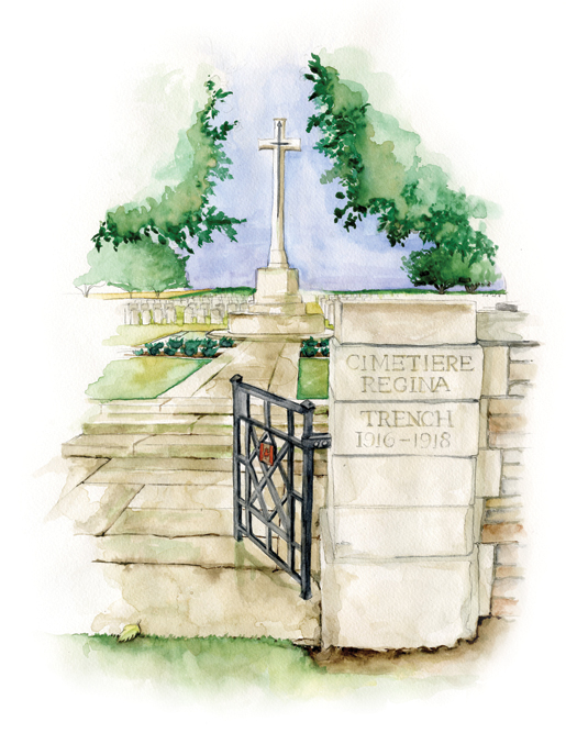 The Regina Trench Cemetery is located in a now-peaceful field overlooking the village of Grandcourt, France. [ILLUSTRATION: JENNIFER MORSE]