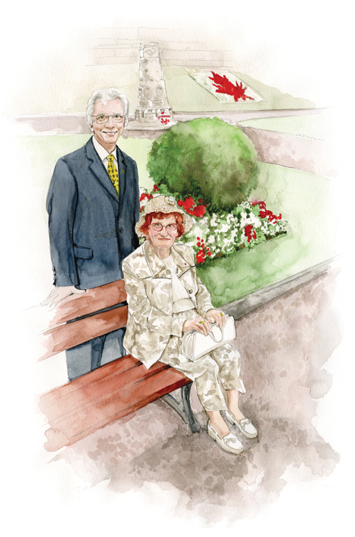 Veterans Affairs Minister Jean-Pierre Blackburn says hello to Madame Monique Bourgois during a visit to the Canada-Dieppe Memorial. [ILLUSTRATION: JENNIFER MORSE]