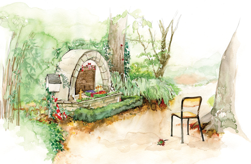 A wreath and  20 maple leaves adorn the memorial in  the garden at the Abbaye d’Ardenne. [ILLUSTRATION: JENNIFER MORSE]