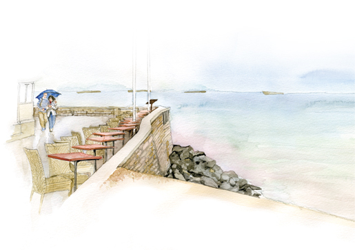A couple saunters along a rain-soaked promenade at Arromanches, France. In the distance are the remains of large concrete caissons used in the construction of the Mulberry harbour. [ILLUSTRATION: JENNIFER MORSE] 