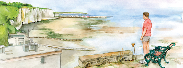 Colonel Jean-Philippe Bonnet’s patio atop the bunker at his seaside home affords an excellent view of the beach at Puys, east of Dieppe. The illustration shows the high cliffs looming over a beach with the tide out. [ILLUSTRATION: JENNIFER MORSE]