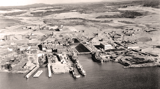 An aerial view of the  Saint John shipbuilding and dry dock  facilities, December 1942. [PHOTO: LIBRARY AND ARCHIVES CANADA—PA197028]