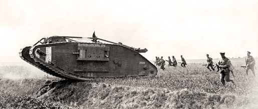 Canadian infantry follow a British-made tank into battle during the First World War. The behemoths were first introduced to the battlefield on Sept. 15, 1916. [PHOTO: LEGION MAGAZINE ARCHIVES]