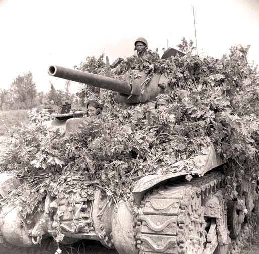 Well-camouflaged, a tank of the Ontario Regiment advances on San Angelo, Italy, May 1944. [PHOTO: ALEXANDER STIRTON, LIBRARY AND ARCHIVES CANADA—PA114462]