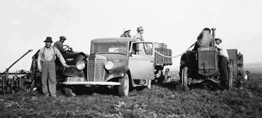 Alberta farmers gather for a ploughing and crop-planting bee in the 1940s. [PHOTO: GLENBOW ARCHIVES—NA3969-66]