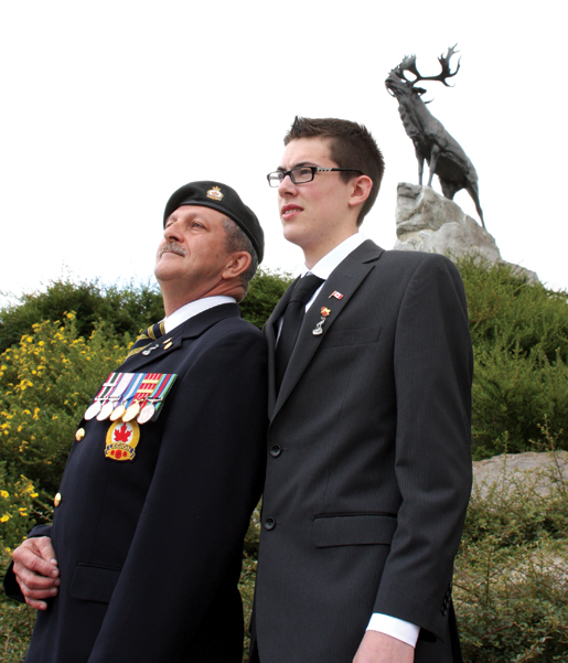 Newfoundlanders Maurice Hynes and Andrew Redmond at the foot of the Beaumont Hamel Memorial. [PHOTO: SHARON ADAMS]