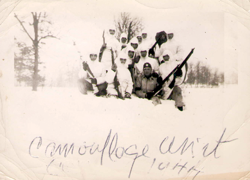 Hugh MacMillan and several other young men in winter camouflage during training at Meaford, Ont., 1944. [PHOTO: COURTESY HUGH MACMILLAN]