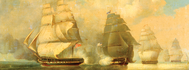 The Escape of HMS Belvidera. [ILLUSTRATION: JOHN WILLIAM HIGGINS, NATIONAL MARITIME MUSEUM, GREENWICH, LONDON—BHC0598]
