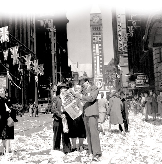The streets were ankle-deep in paper after VE-Day celebrations in Toronto.