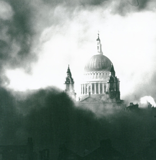 St. Paul Cathedral during a German bombing raid. [PHOTO: LIBRARY AND ARCHIVES CANADA PA803925]