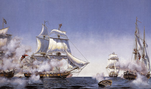 Fleet action, 10 September 1813. After several hours of vicious fighting, Master and Commandant Oliver Perry’s American squadron captured the British squadron on Lake Erie. [ILLUSTRATION: PETER RINDLISBACHER]