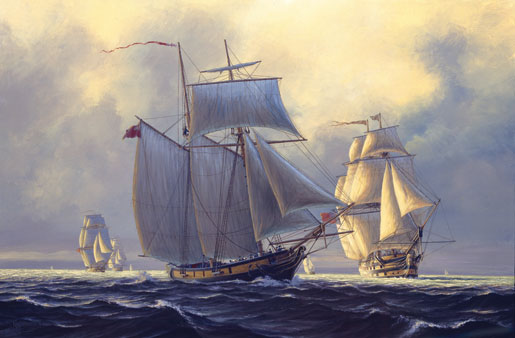 Leviathan on the lake, September 1814. HMS St. Lawrence (far right), the largest warship to be built on the Great Lakes sails with the British squadron on Lake Ontario. [ILLUSTRATION: PETER RINDLISBACHER]