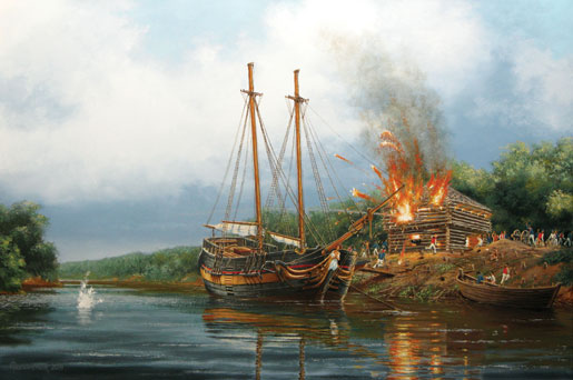 The end of the HMS Nancy, August 1814. Trapped in the Nottawasaga River by superior enemy forces, the schooner Nancy was destroyed lest she fall into enemy hands. [ILLUSTRATION: PETER RINDLISBACHER]
