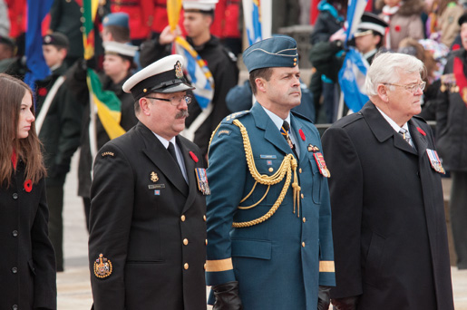Chief of Defence Staff Thomas Lawson is flanked by Speaker of the Senate Nôel Kinsella (right) and Canadian Forces Chief Warrant Officer Robert Cléroux. [PHOTO: MARC FOWLER & RANDY HARQUAIL/METROPOLIS STUDIO]