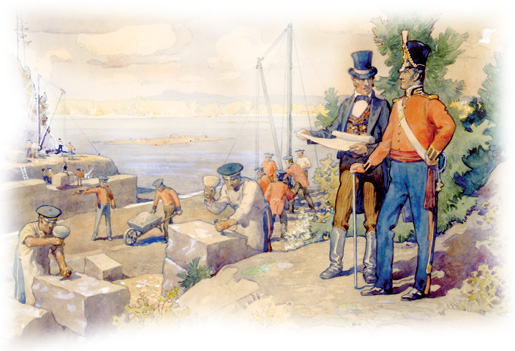 Colonel By watching the building of the Rideau Canal, 1826. [ILLUSTRATION: LIBRARY AND ARCHIVES CANADA—C073703]