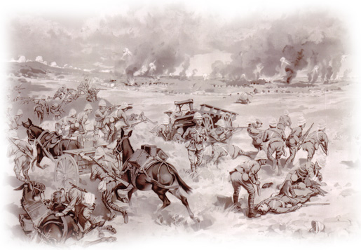 Canadians at Battle of Paardeberg. [ILLUSTRATION: LIBRARY AND ARCHIVES CANADA—E008319465]