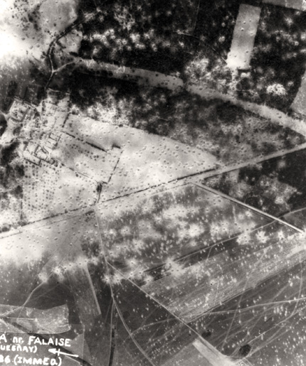 Aerial photo after the bombing at Quesnay Woods. [PHOTO: LAURIER CENTRE FOR MILITARY STRATEGIC AND DISARMAMENT STUDIES AIR PHOTO COLLECTION]