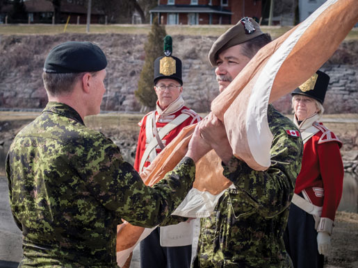The SD&G Highlanders presented the colours to the Brockville Rifles. [PHOTO: DAN WARD]